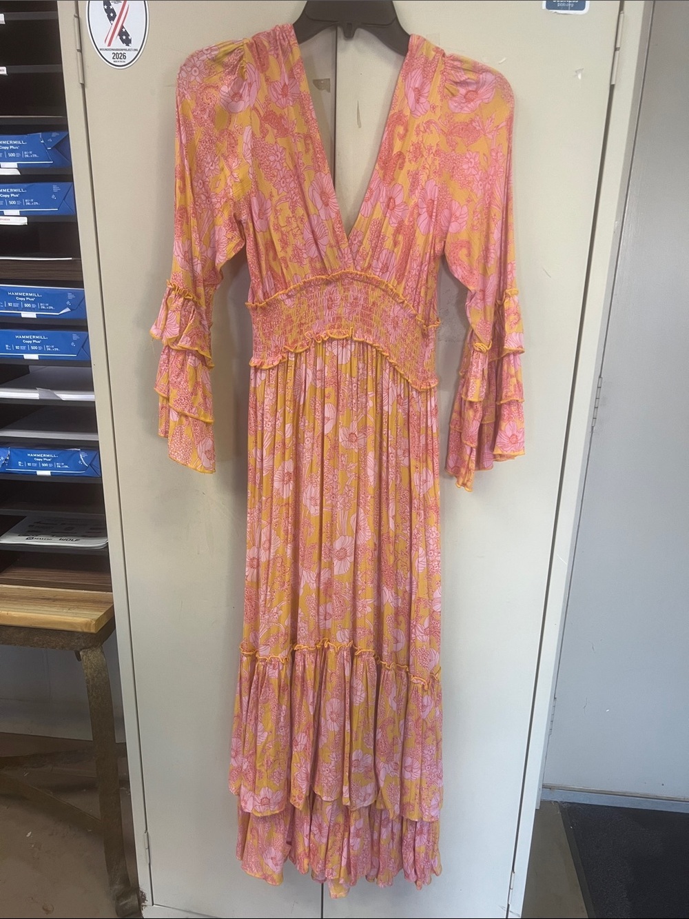 Angie Pink and Yellow Floral Tiered V-Neck Maxi Dress